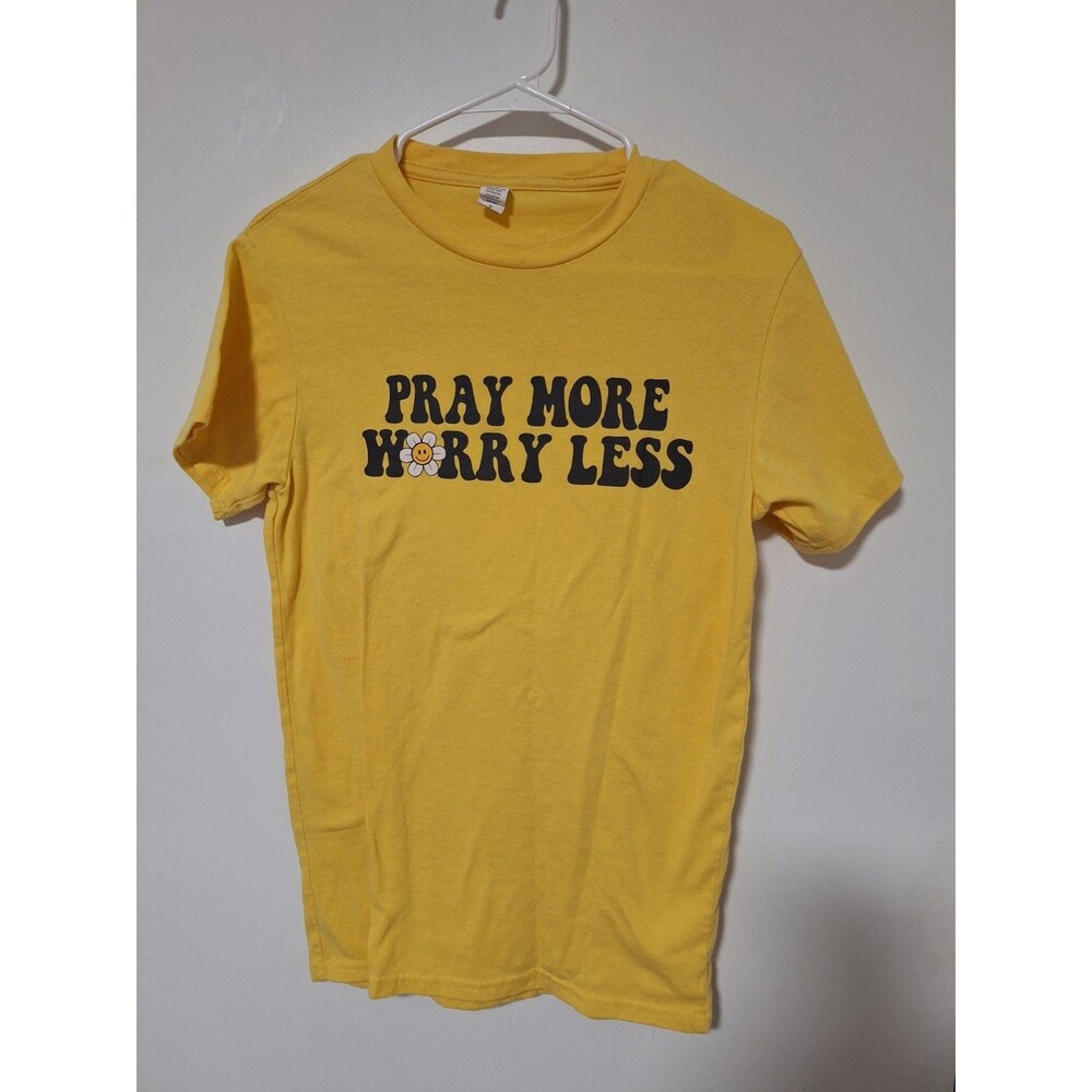 Pray More Worry Less T-Shirt Small S Yellow Daisy Floral Graphic Short Sleeve‎